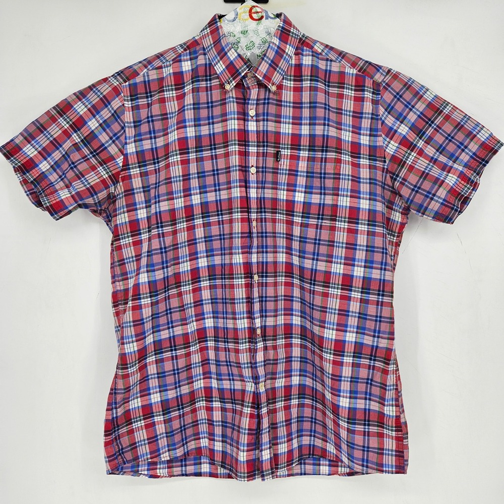 Barbour‎ Shirt Mens Large Red Blue Plaid Short Sleeve Tailored Fit Gerald